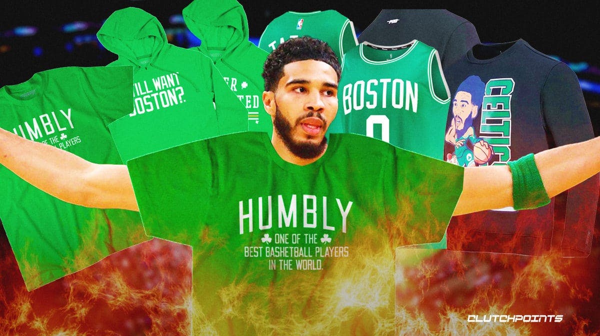 Jayson Tatum wearing Celtics merch surrounded by t-shirts.