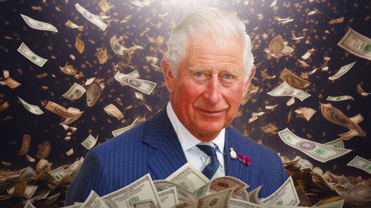 King Charles III surrounded by piles of cash.