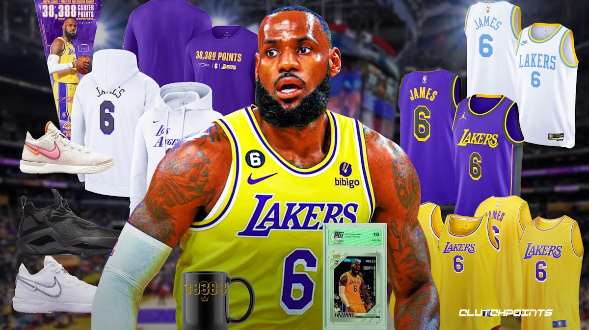 LeBron James surrounded by the best James gear and memorabilia.