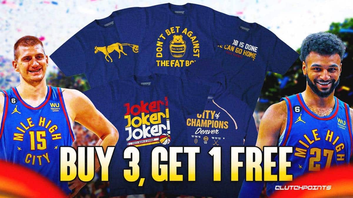 Nikola Jokic and Jamal Murray surrounded by the best Nuggets merch from BreakingT.