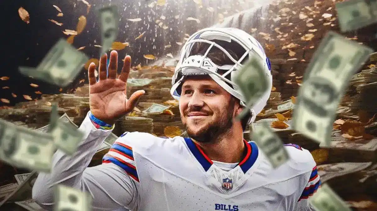 Josh Allen surrounded by piles of cash.