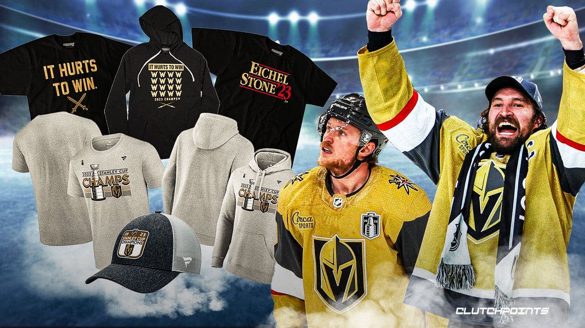 Golden Knights Jack Eichel and Mark Stone surrounded by champs merch.