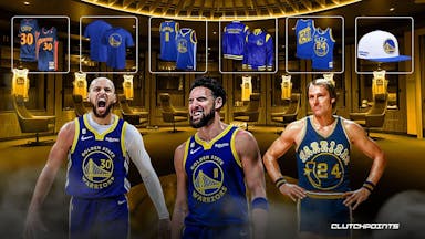 Steph Curry, Klay Thompson, and Rick Barry surrounded by current Warriors merch.