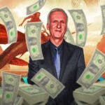 James Cameron surrounded by flying cash.