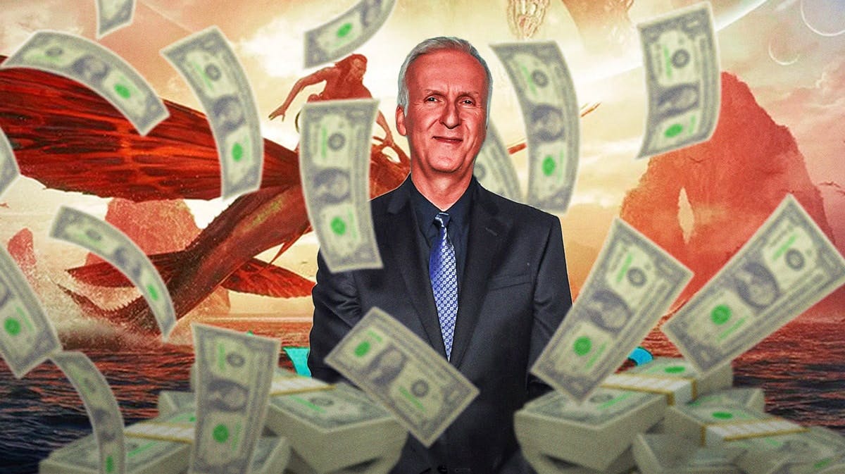 James Cameron surrounded by flying cash.