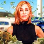 Jennifer Aniston surrounded by piles of cash.