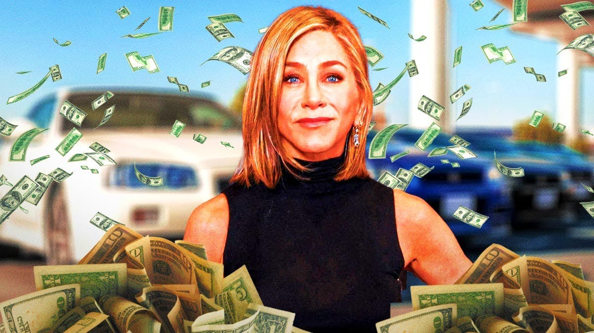 Jennifer Aniston surrounded by piles of cash.
