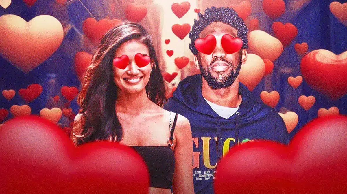 Joel Embiid and Anne de Paula surrounded by hearts.