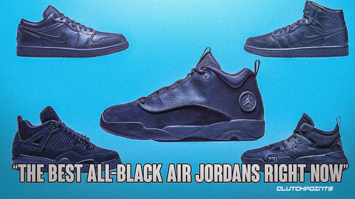 Product display of the best current black Air Jordans in 2023 on a blue background.