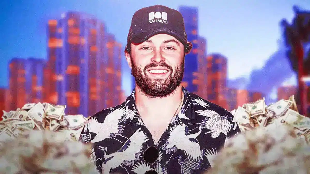 Baker Mayfield surrounded by piles of cash.