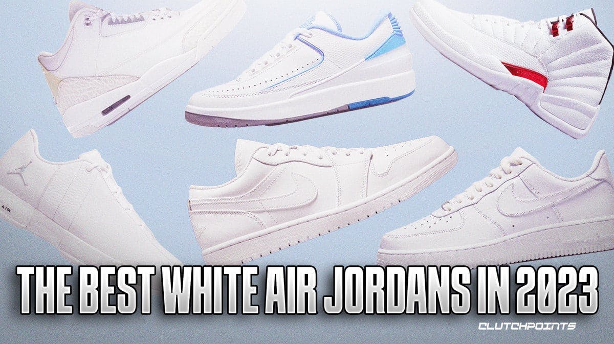 Product display of the best white Air Jordans on a soft blue background.