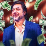 Javer Bardem surrounded by piles of cash.