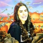 Kelsey Plum surrounded by piles of cash.