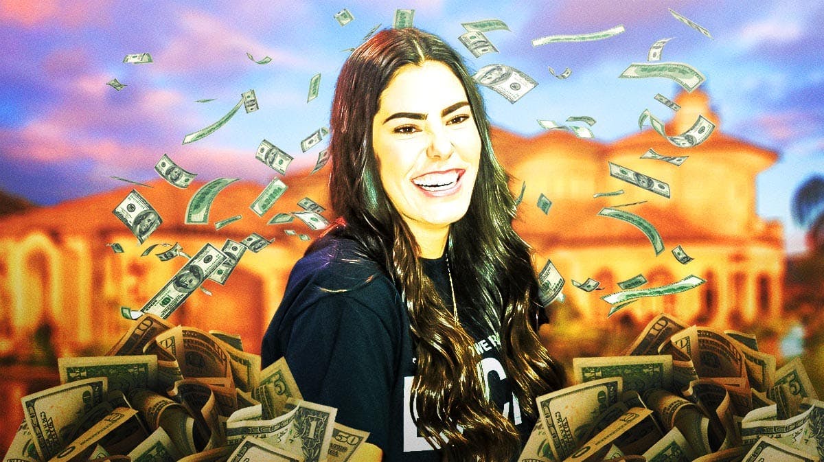 Kelsey Plum surrounded by piles of cash.