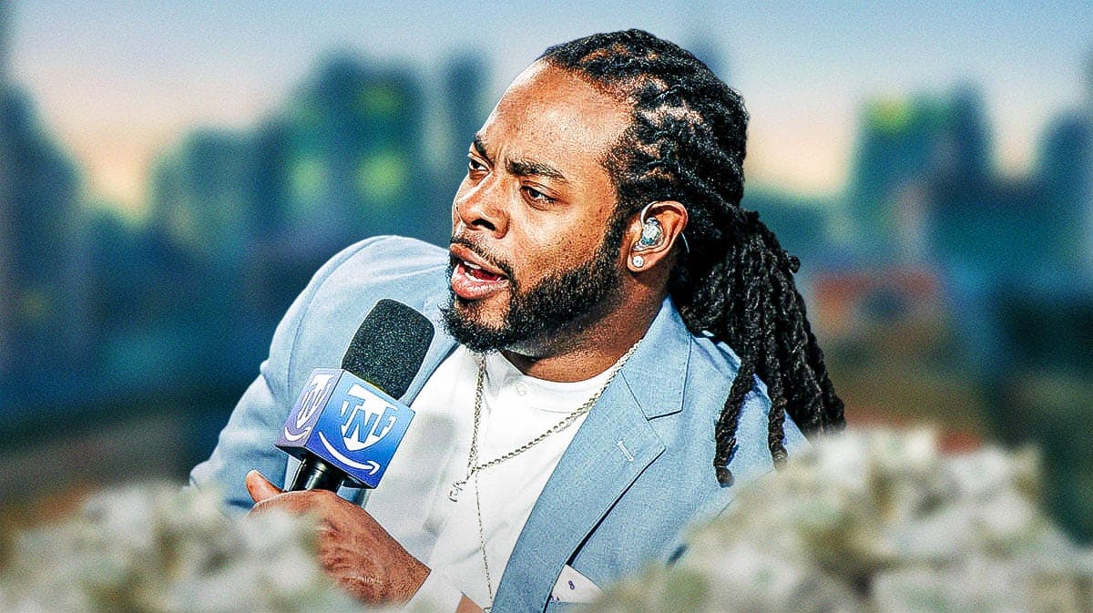 Richard Sherman surrounded by piles of cash.