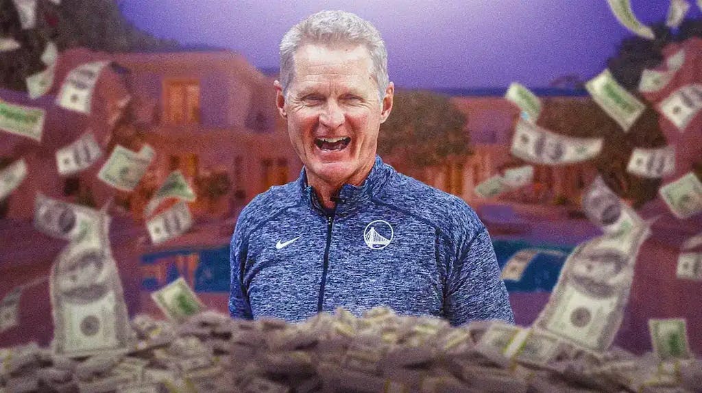 Steve Kerr surrounded by piles of cash.