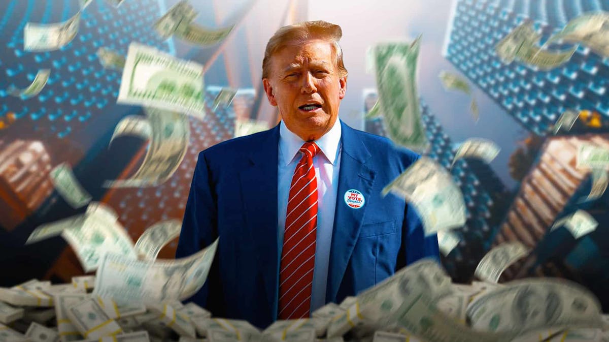 Donald Trump surrounded by piles of cash.