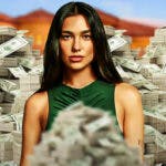 Dua Lipa surrounded by piles of cash.