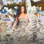 Rihanna surrounded by piles of cash.