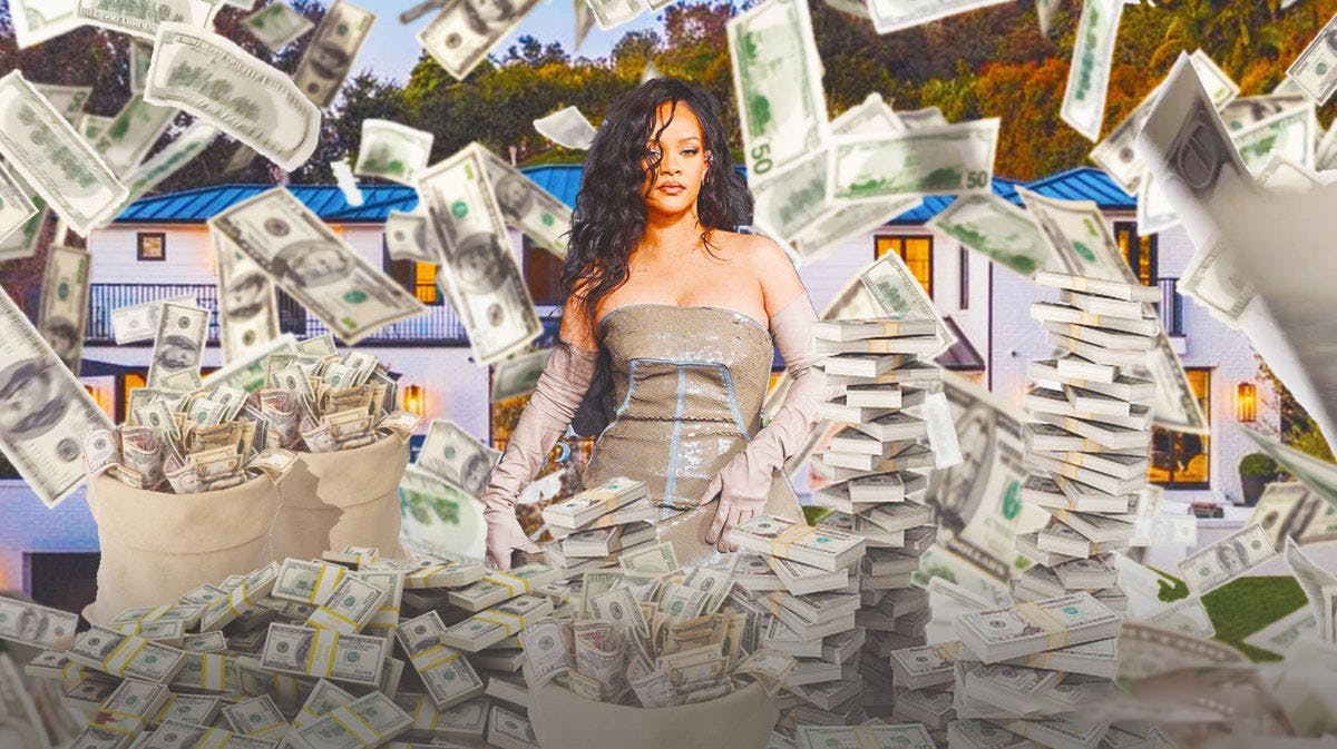 Rihanna surrounded by piles of cash.