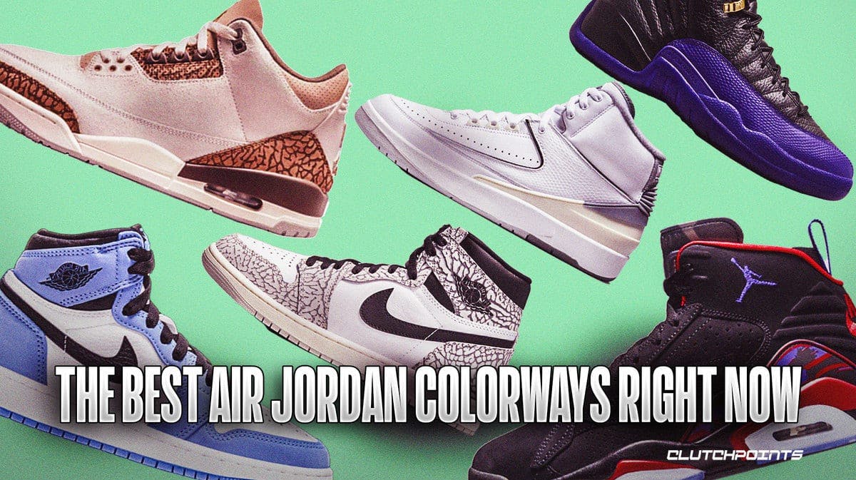 Product display of the best Air Jordan colorways on a sea foam green background.
