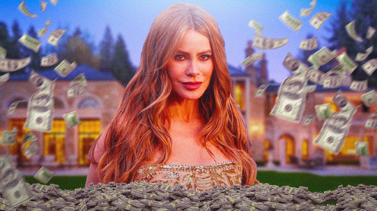 Sofia Vergara surrounded by piles of cash.