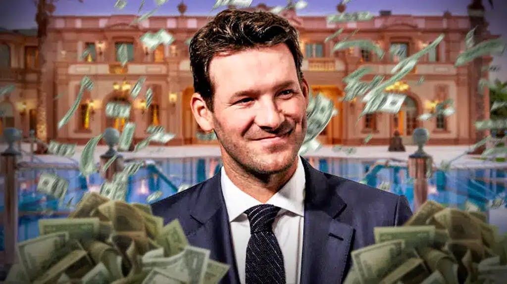 Tony Romo surrounded by piles of cash.