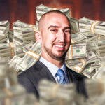 Nick Wright surrounded by piles of cash.