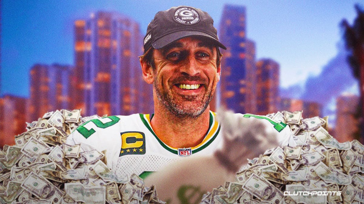 Aaron Rodgers surrounded by piles of cash.
