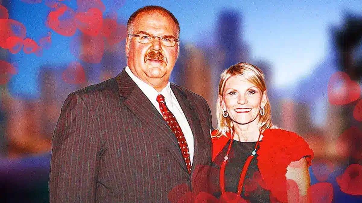 Andy Reid and Tammy Reid surrounded by hearts.