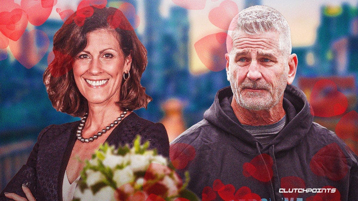 Frank Reich and Linda Reich surrounded by hearts.