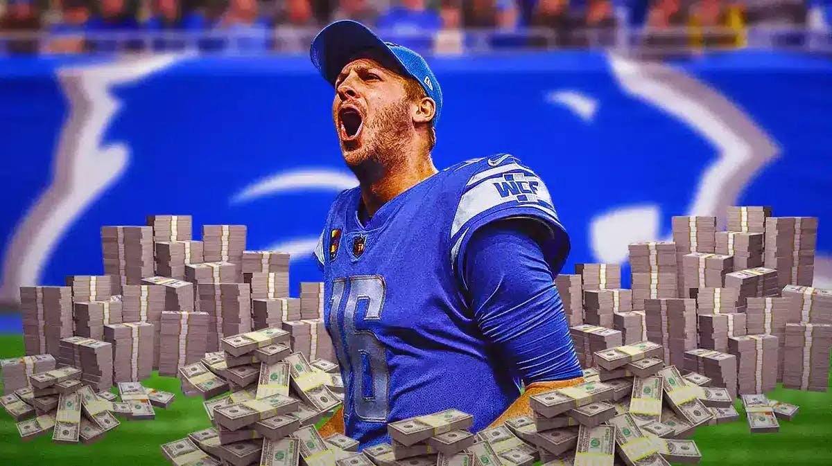 Jared Goff surrounded by piles of cash.