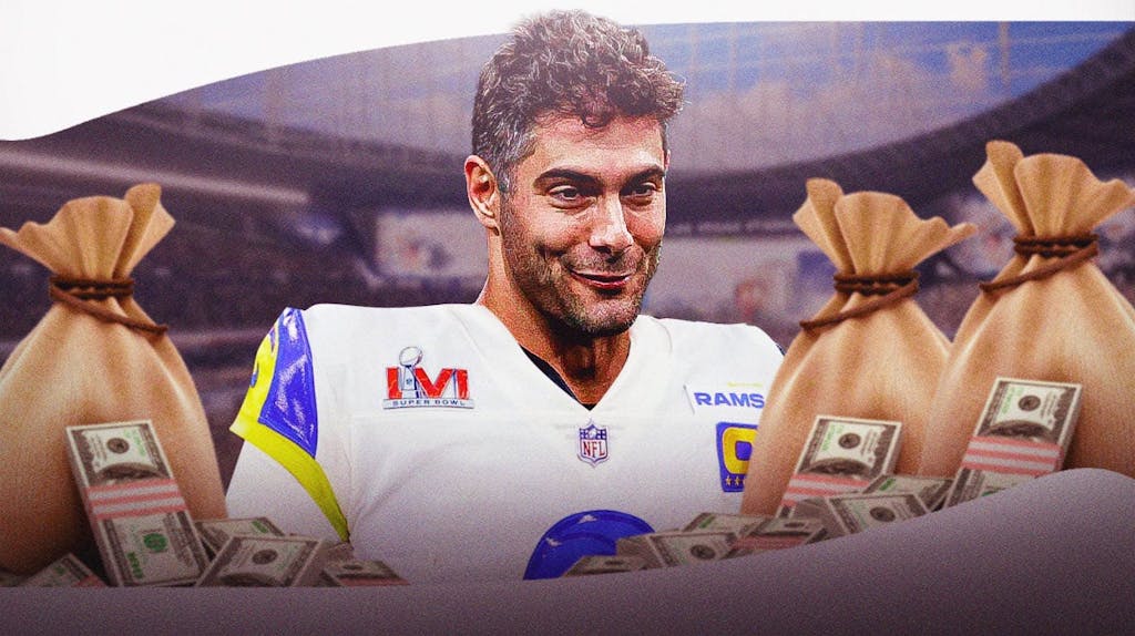 Jimmy Garoppolo surrounded by piles of cash.