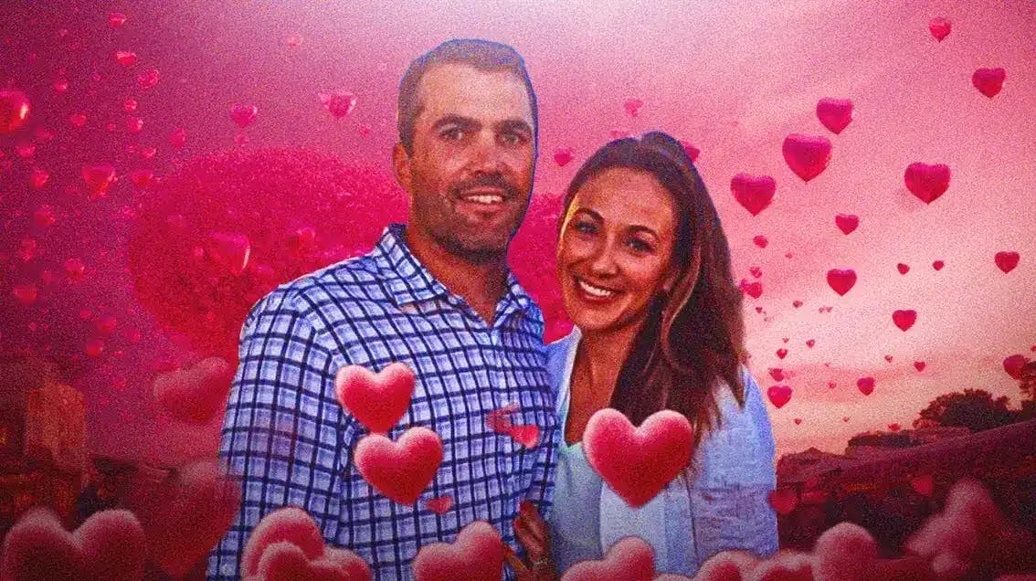 Kevin Stefanski and Michelle Stefanski surrounded by hearts.
