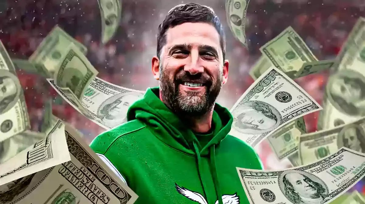 Nick Sirianni surrounded by piles of cash.