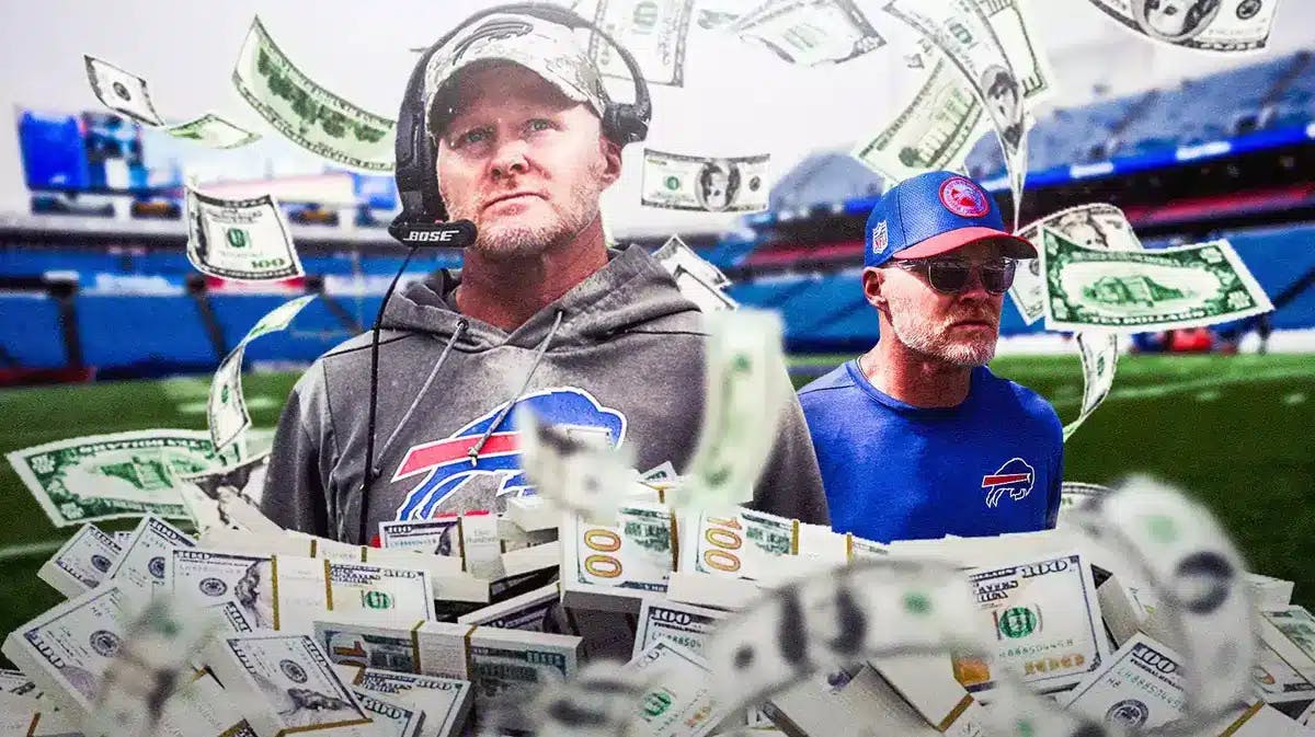 Buffalo Bills coach Sean McDermott surrounded by piles of cash.