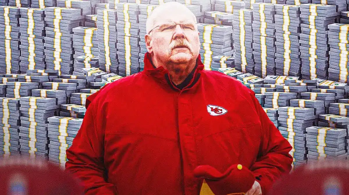 Kansas City Chiefs coach Andy Reid surrounded by piles of cash.