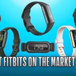 Product display of the best Fitbits on the market on a blue background.
