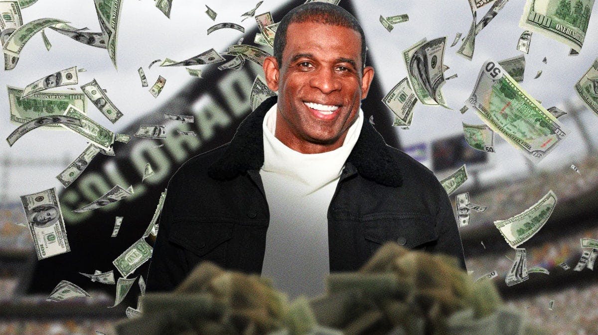 Deion Sanders surrounded by piles of cash.