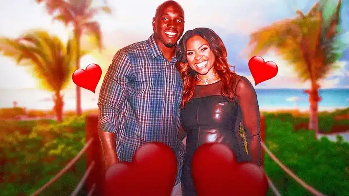 DeMeco Ryans and Jamila Ryans surrounded by hearts.