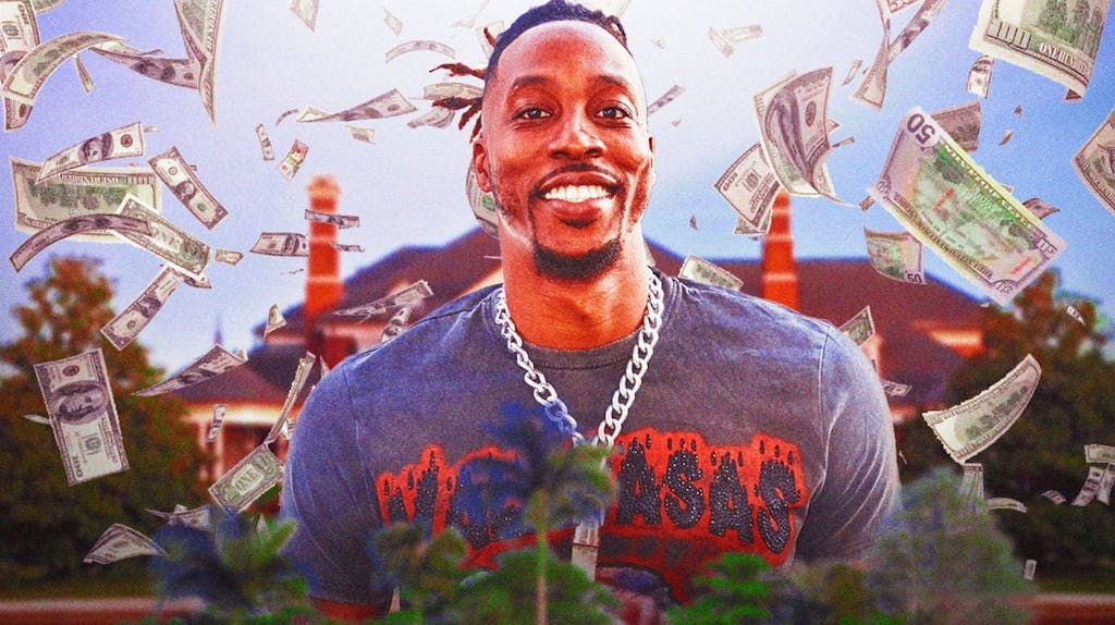 Dwight Howard surrounded by piles of cash.
