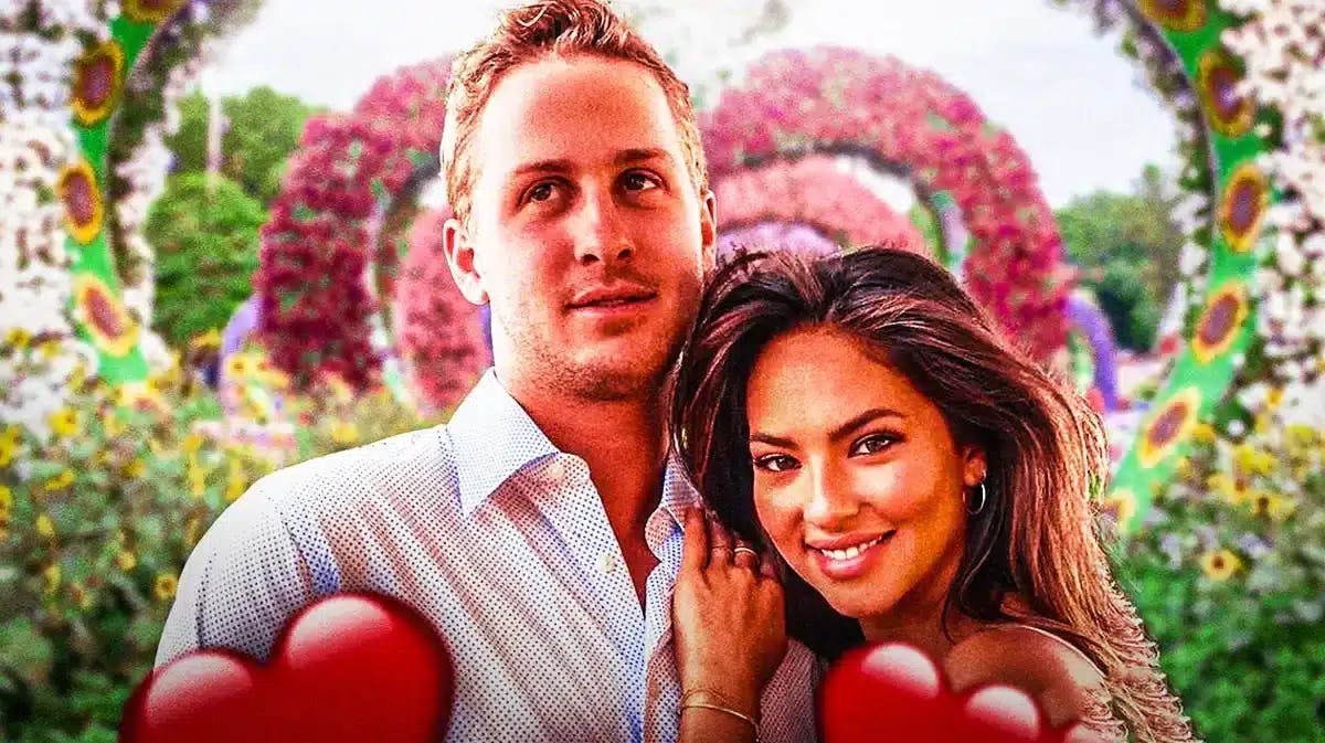Jared Goff and Christen Harper surrounded by hearts.