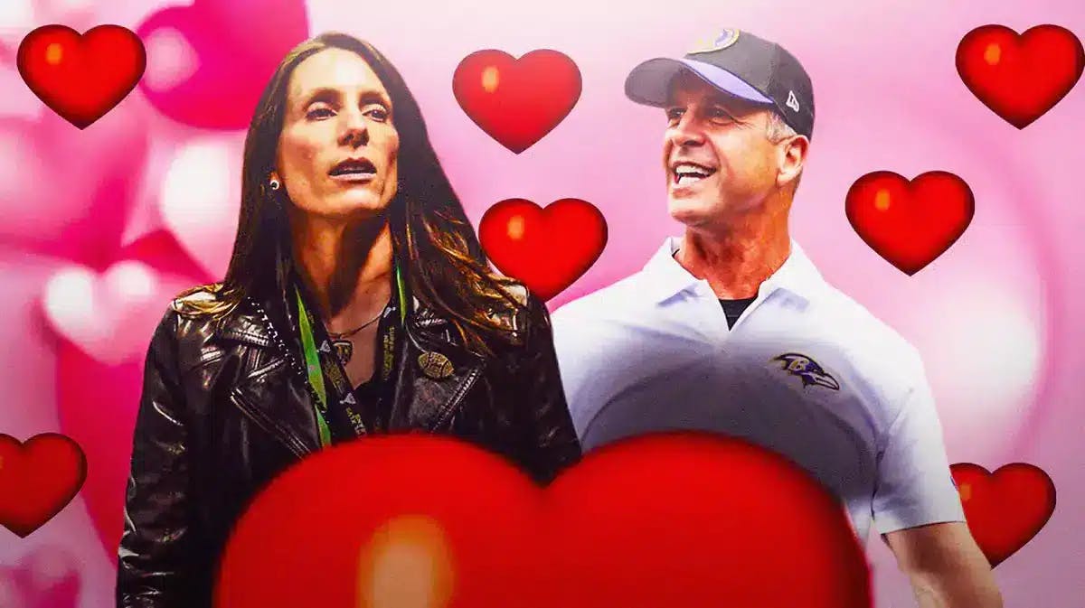 Ingrid Harbaugh and John Harbaugh surrounded by hearts.