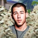 Nick Jonas surrounded by piles of cash.
