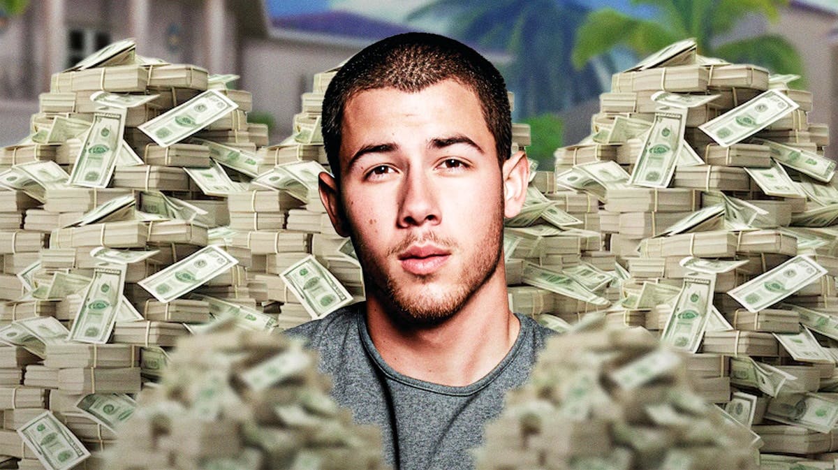 Nick Jonas surrounded by piles of cash.