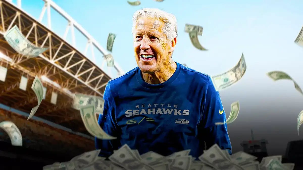 Pete Carroll surrounded by cash.