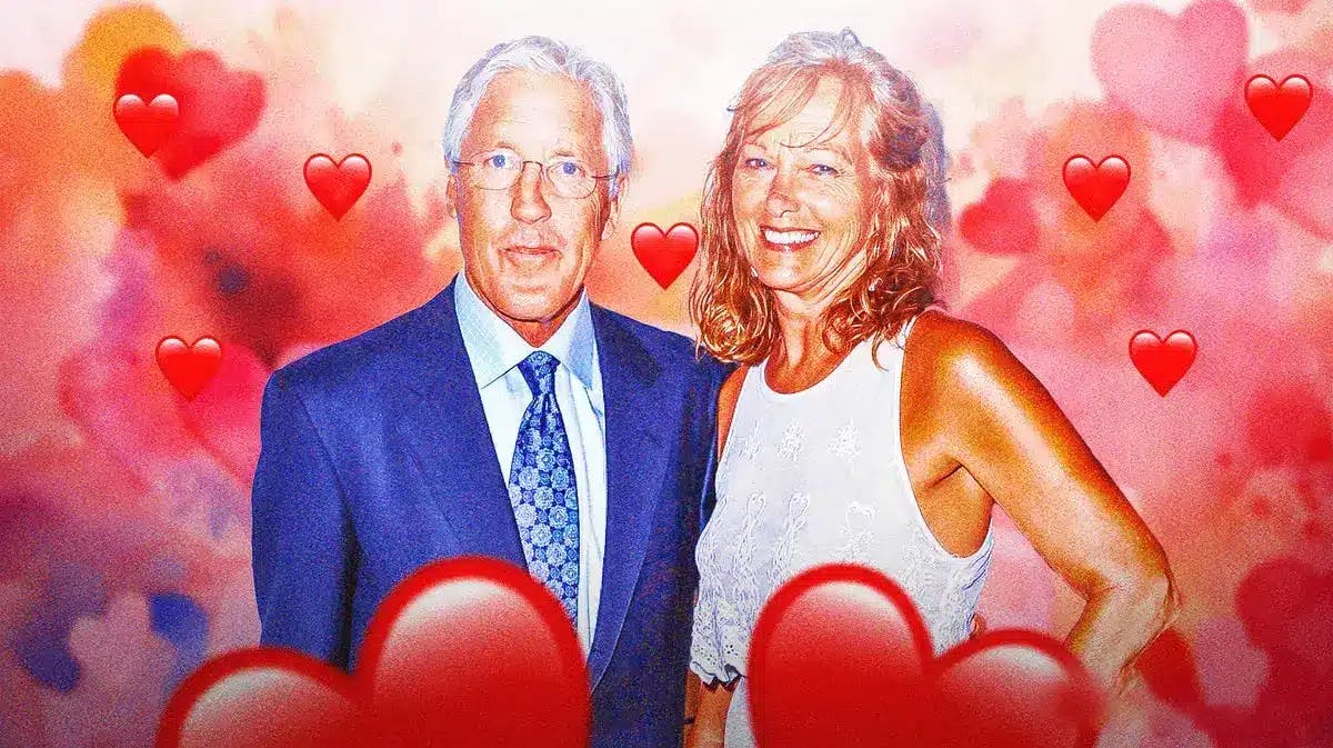 Pete Carroll and Glena Goranson surrounded by hearts.