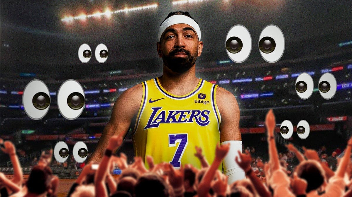 Gabe Vincent in a Lakers uniform with eyeball emojis around him