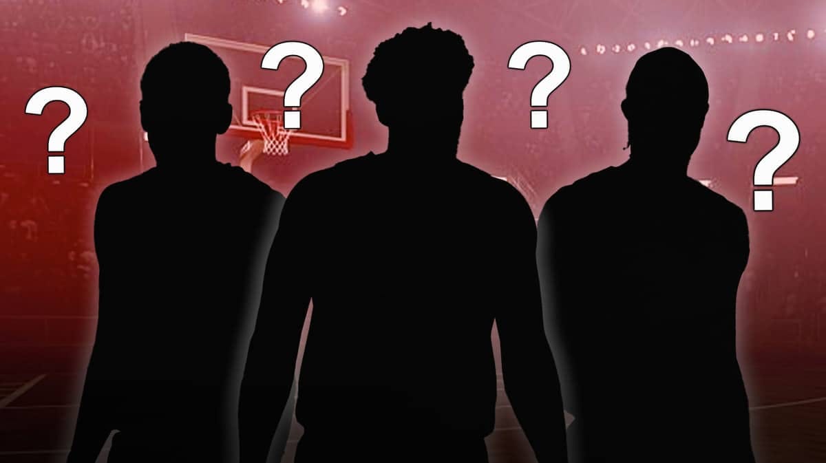 Silhouette of Joel Embiid, Kyrie Irving, and DeMar DeRozan with question marks in the background as lowkey trade candidates this 2023-24 NBA season.