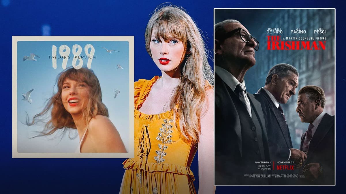 1989 (Taylor's Version) album cover and The Irishman in front of Taylor Swift.